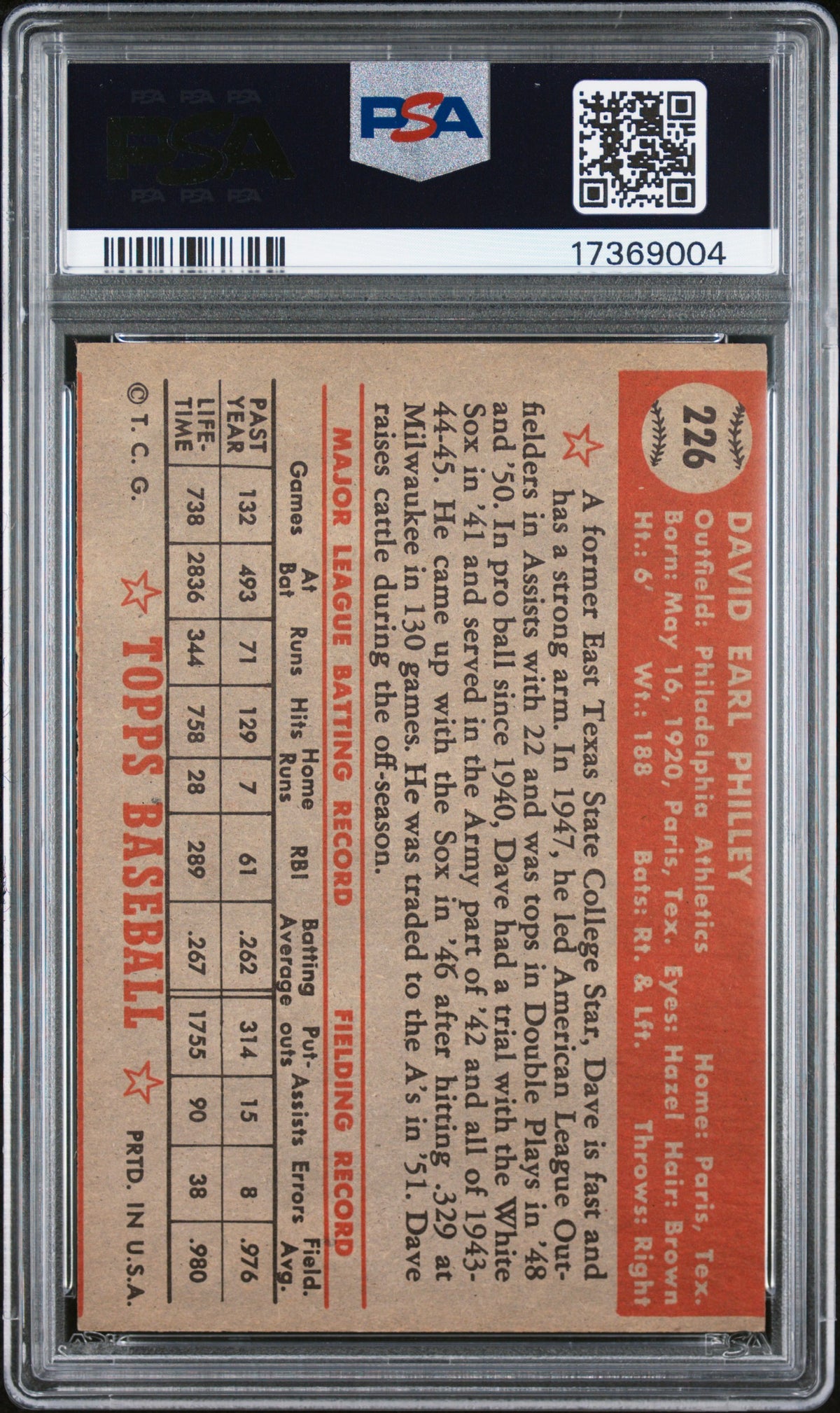 1952 Topps Dave Philley #226 PSA 7 MC