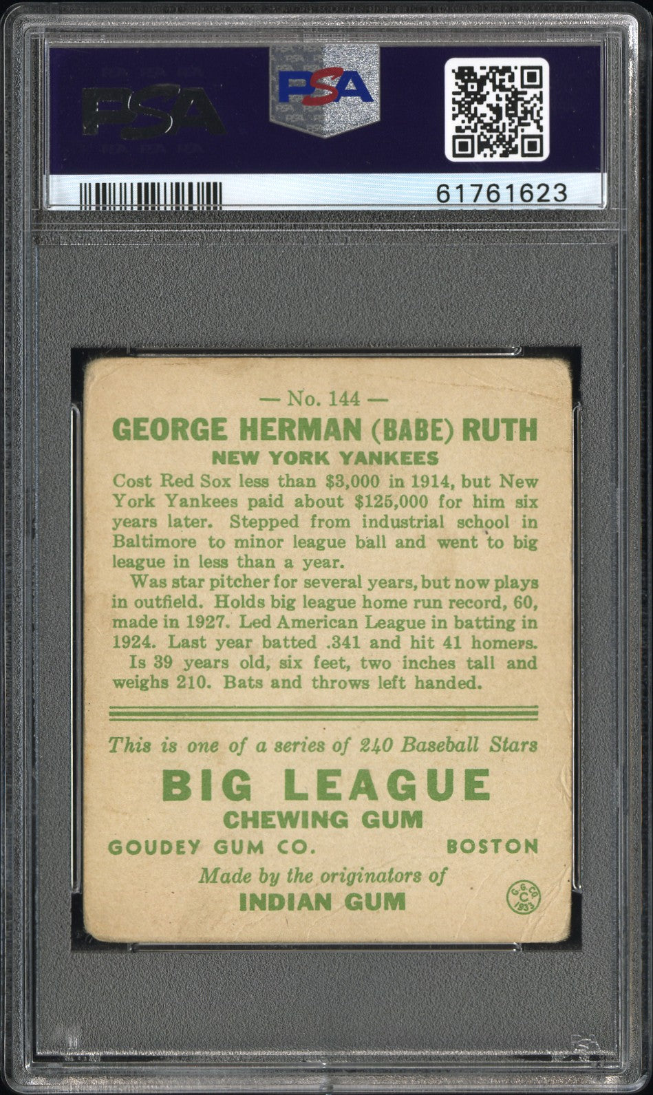 1933 Goudey Babe Ruth #144 PSA 2