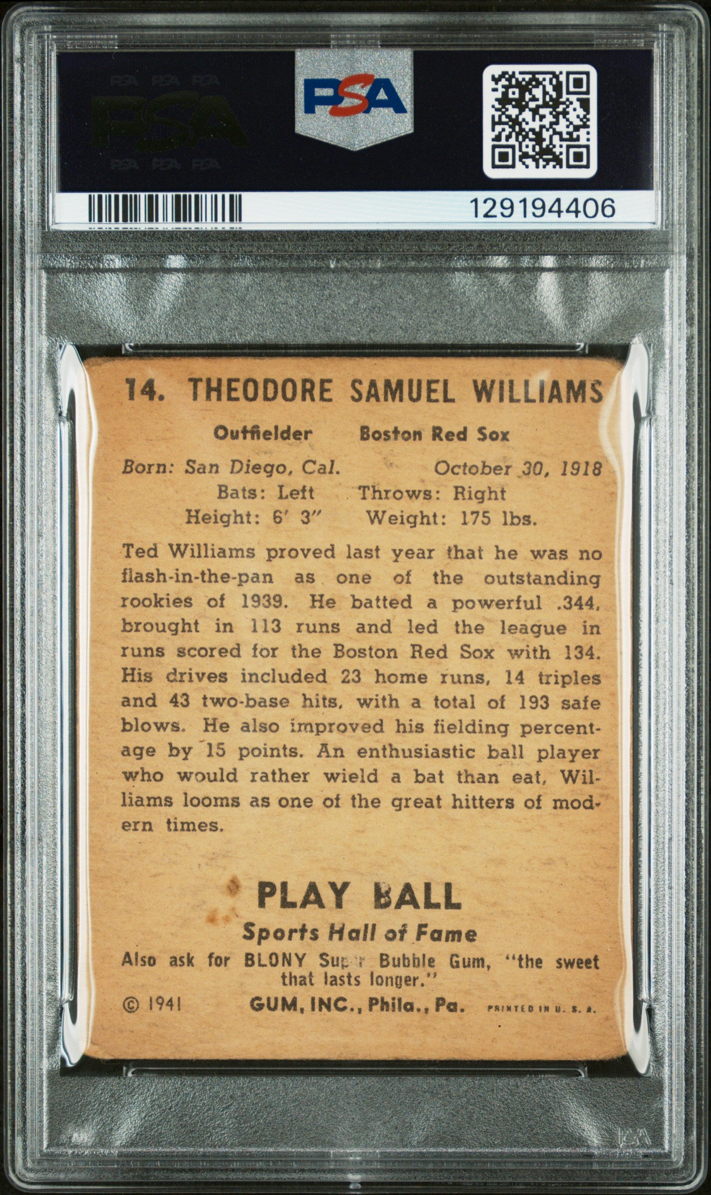 1941 Play Ball Ted Williams #14 PSA 2