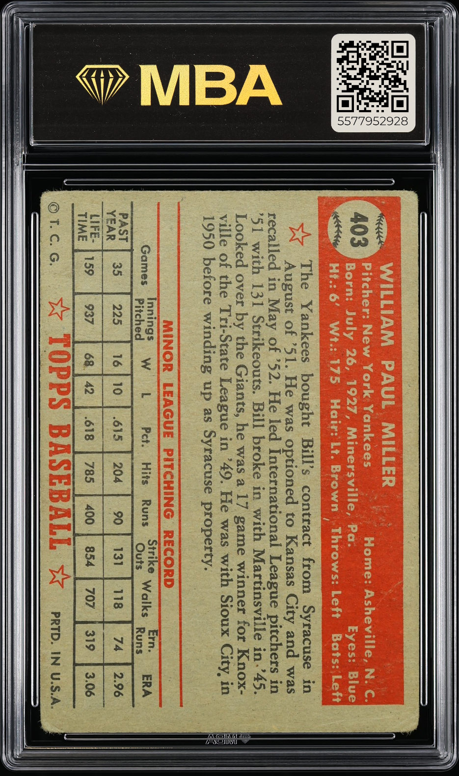 1952 Topps Bill Miller #403 MBA 2