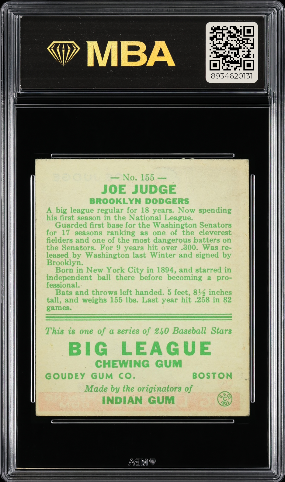 1933 Goudey Joe Judge #155 MBA 4