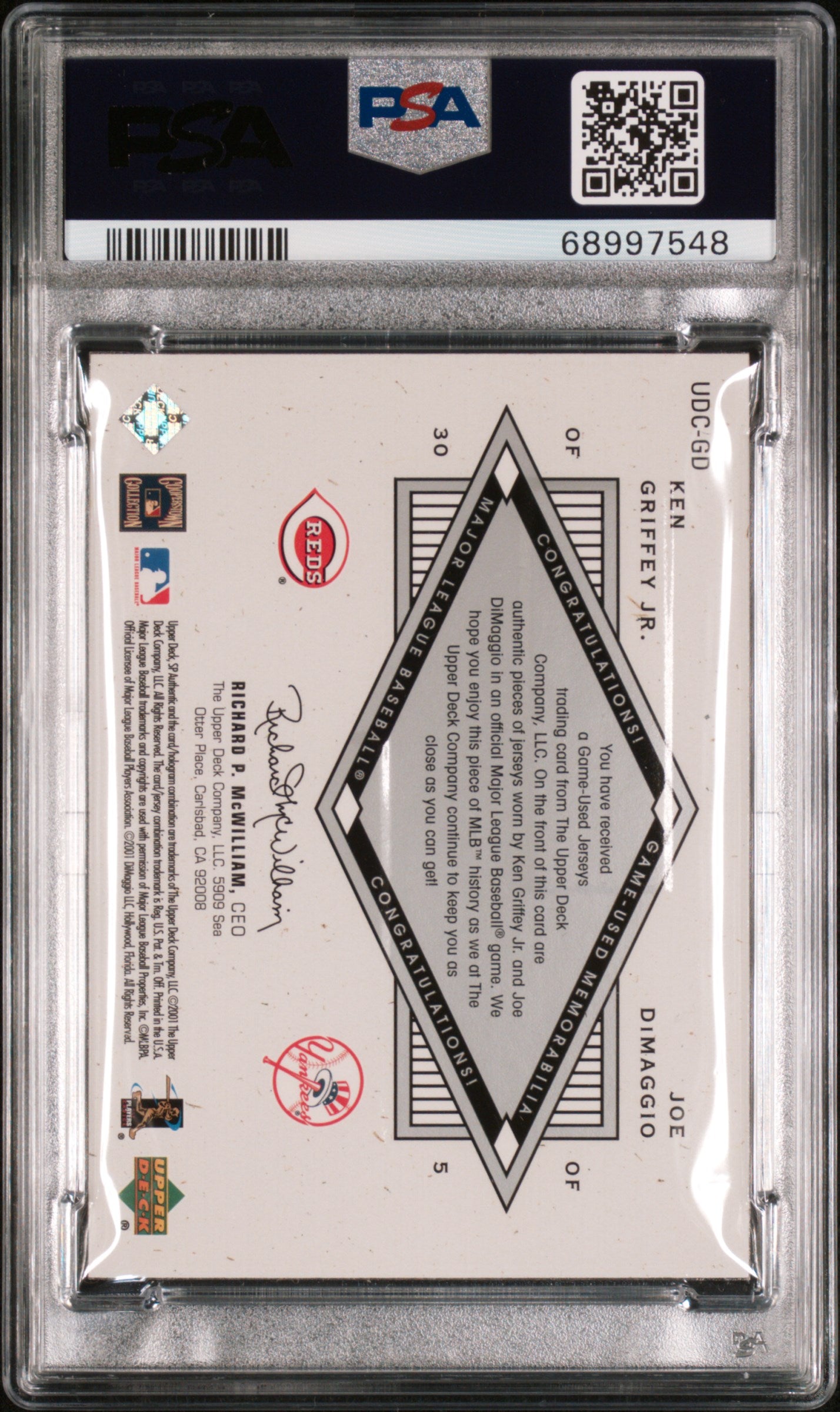 2001 SP Authentic UD Exclusives Game Jersey Combos Dimaggio Griffey JR. #UDCGD Excl. GM. Jersey PSA 10