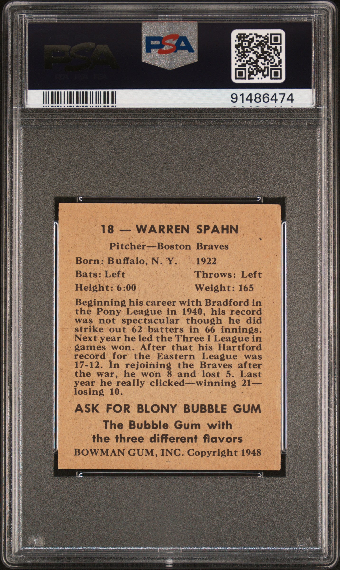1948 Bowman Warren Spahn #18 PSA 4