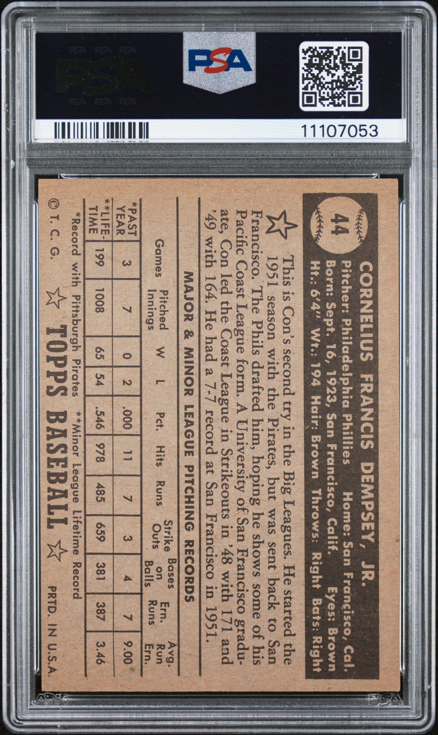 1952 Topps Con Dempsey #44 Black Back PSA 7