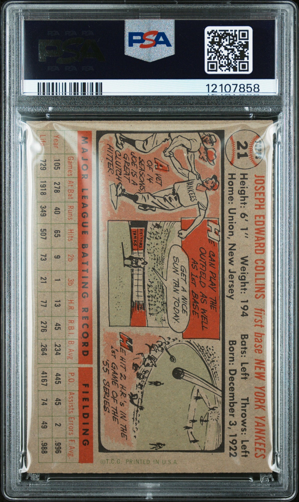 1956 Topps Joe Collins #21 Gray Back PSA 8