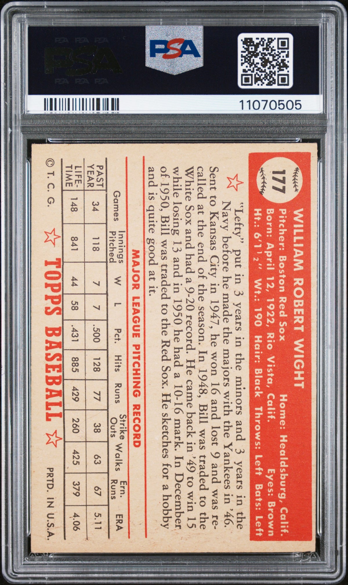 1952 Topps Bill Wight #177 PSA 7