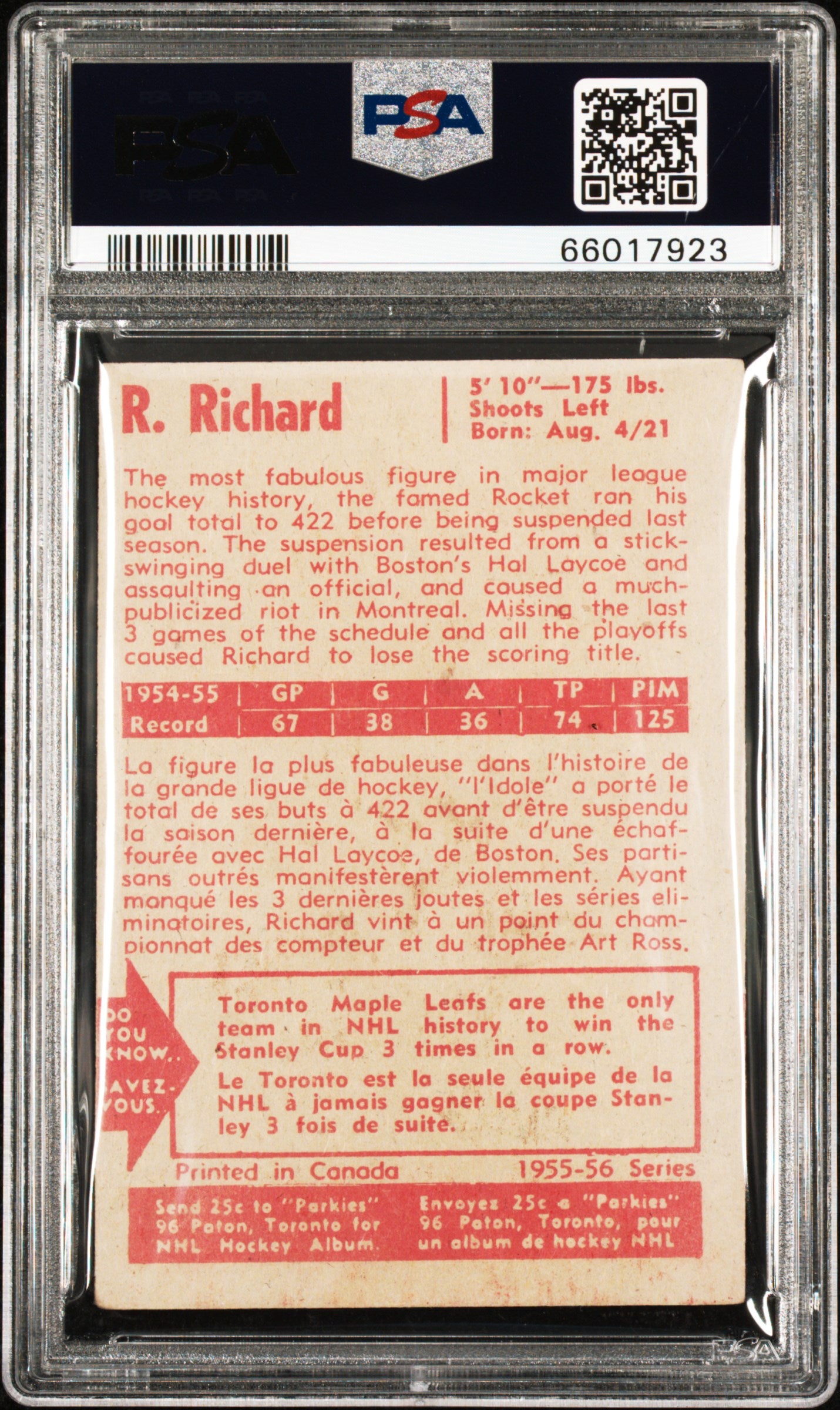 1955 Parkhurst Rocket Richard #37 PSA 3