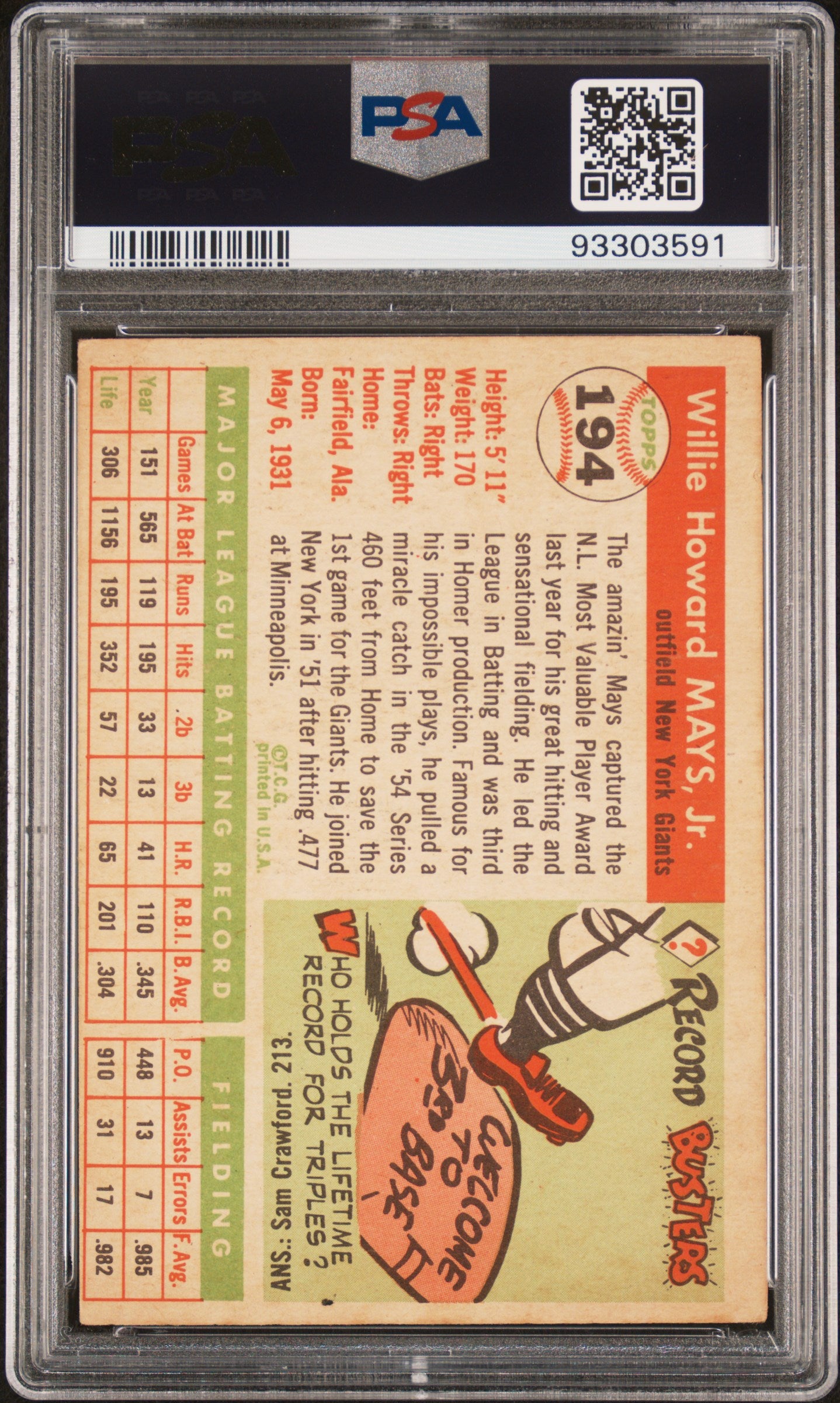 1955 Topps Willie Mays #194 PSA 4 MC