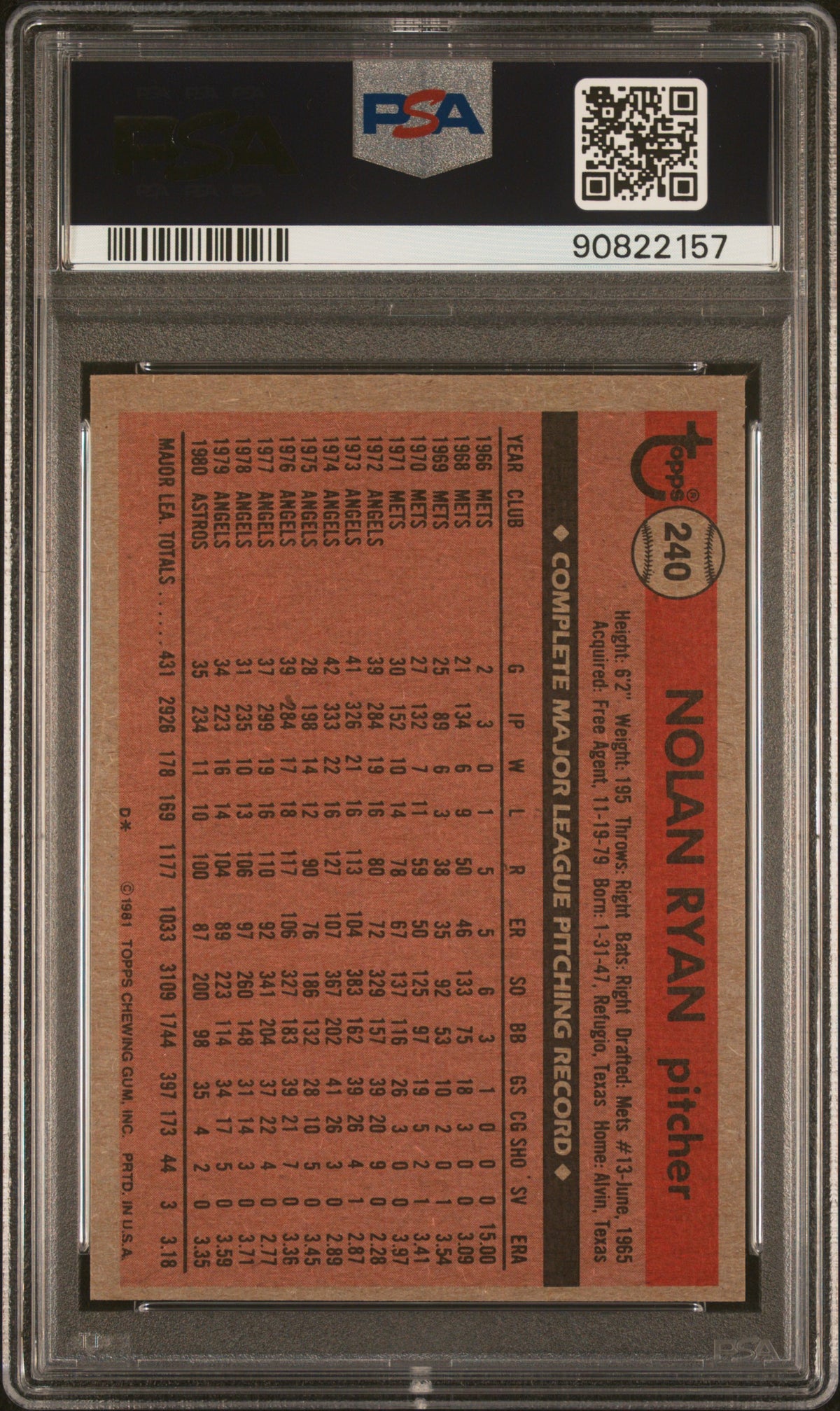 1981 Topps Nolan Ryan #240 PSA 8