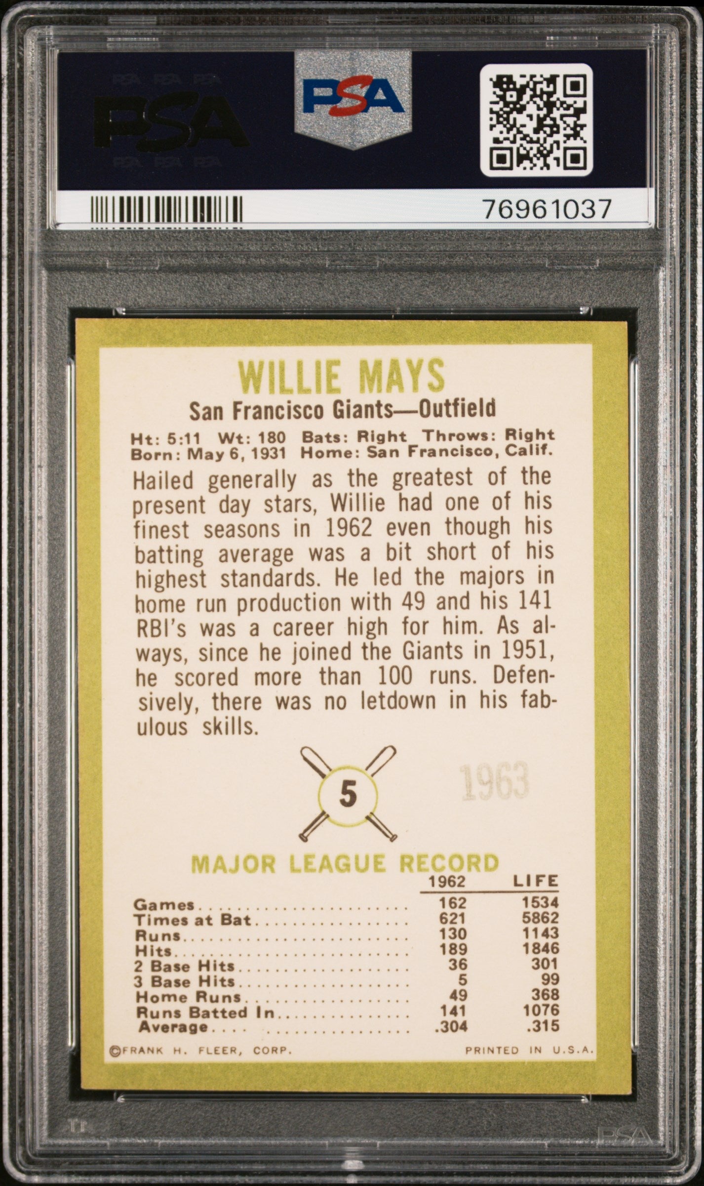 1963 Fleer Willie Mays #5 PSA 4 MK