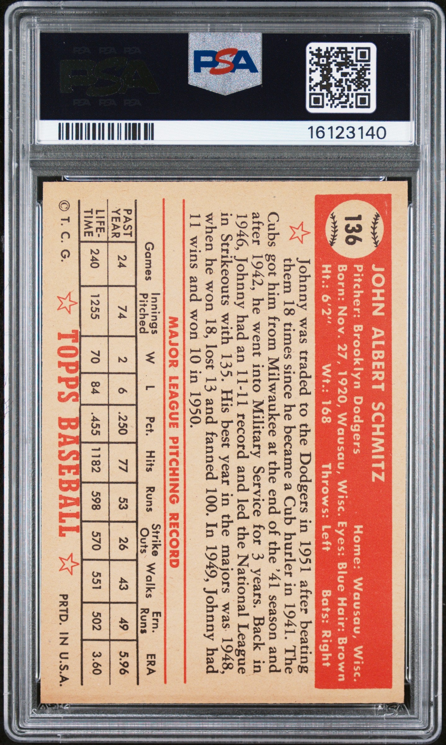 1952 Topps Johnny Schmitz #136 PSA 7