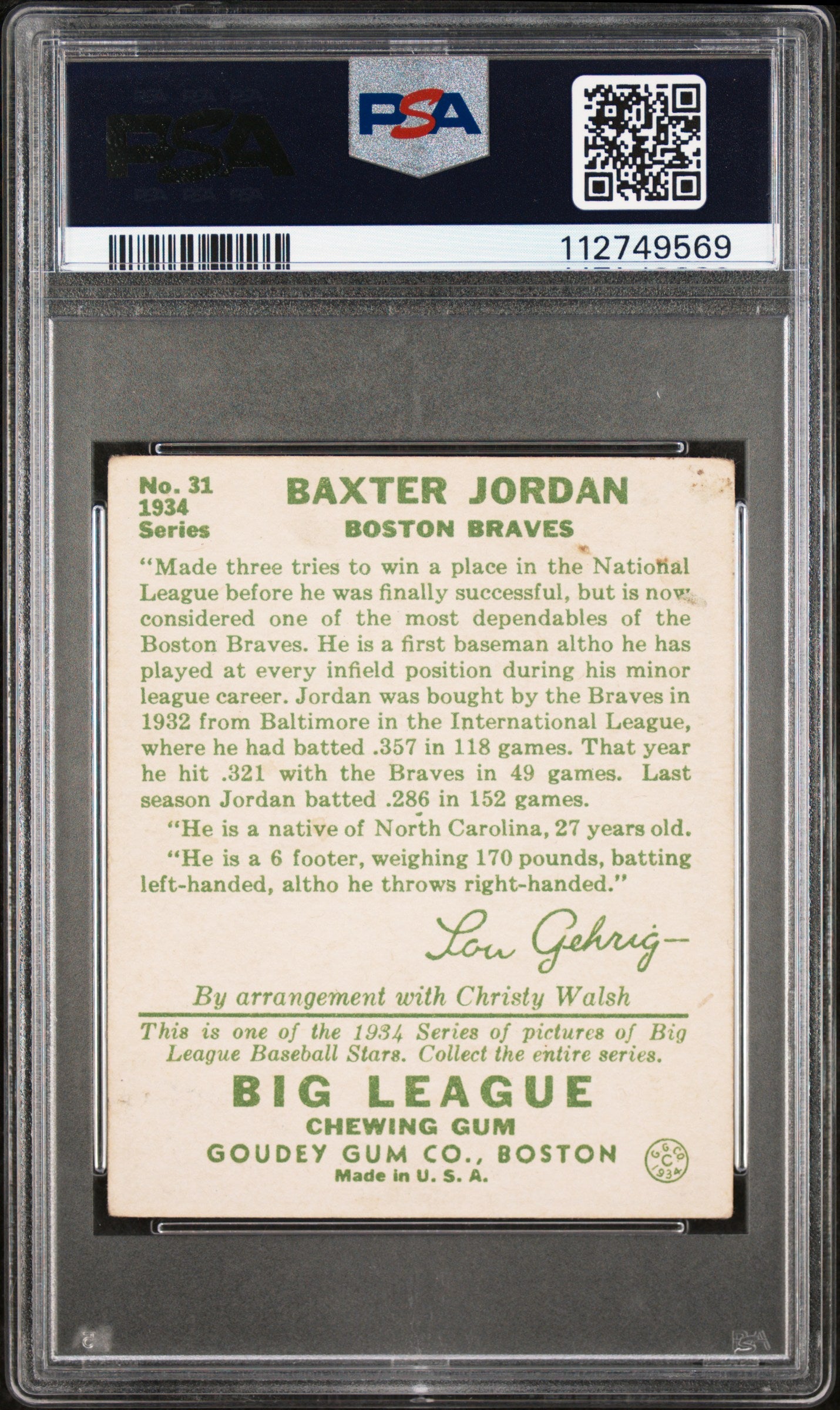 1934 Goudey Baxter Jordan #31 PSA 3