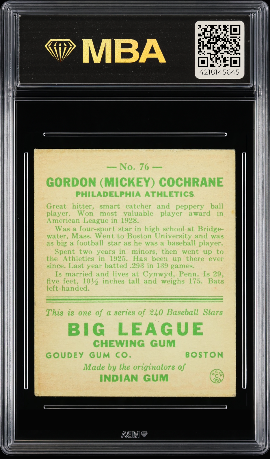 1933 Goudey Gordan (Mickey) Cochrane #76 MBA 4