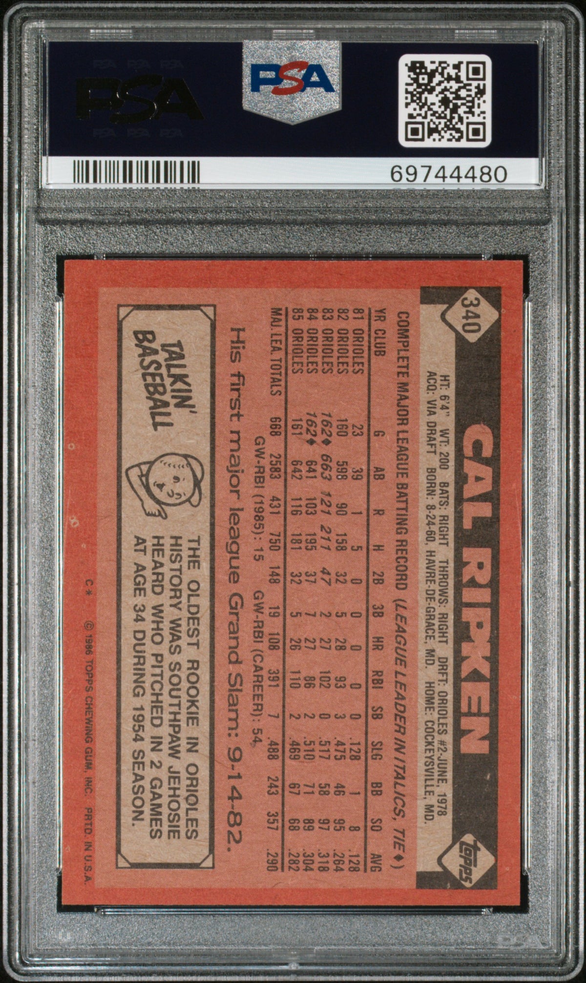 1986 Topps Cal Ripken JR. #340 PSA 10