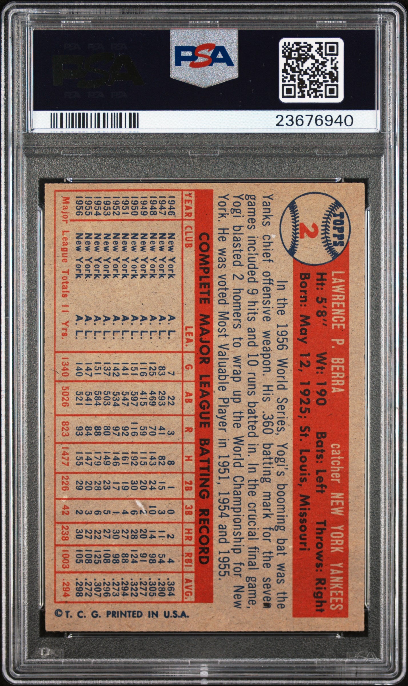 1957 Topps Yogi Berra #2 PSA 8