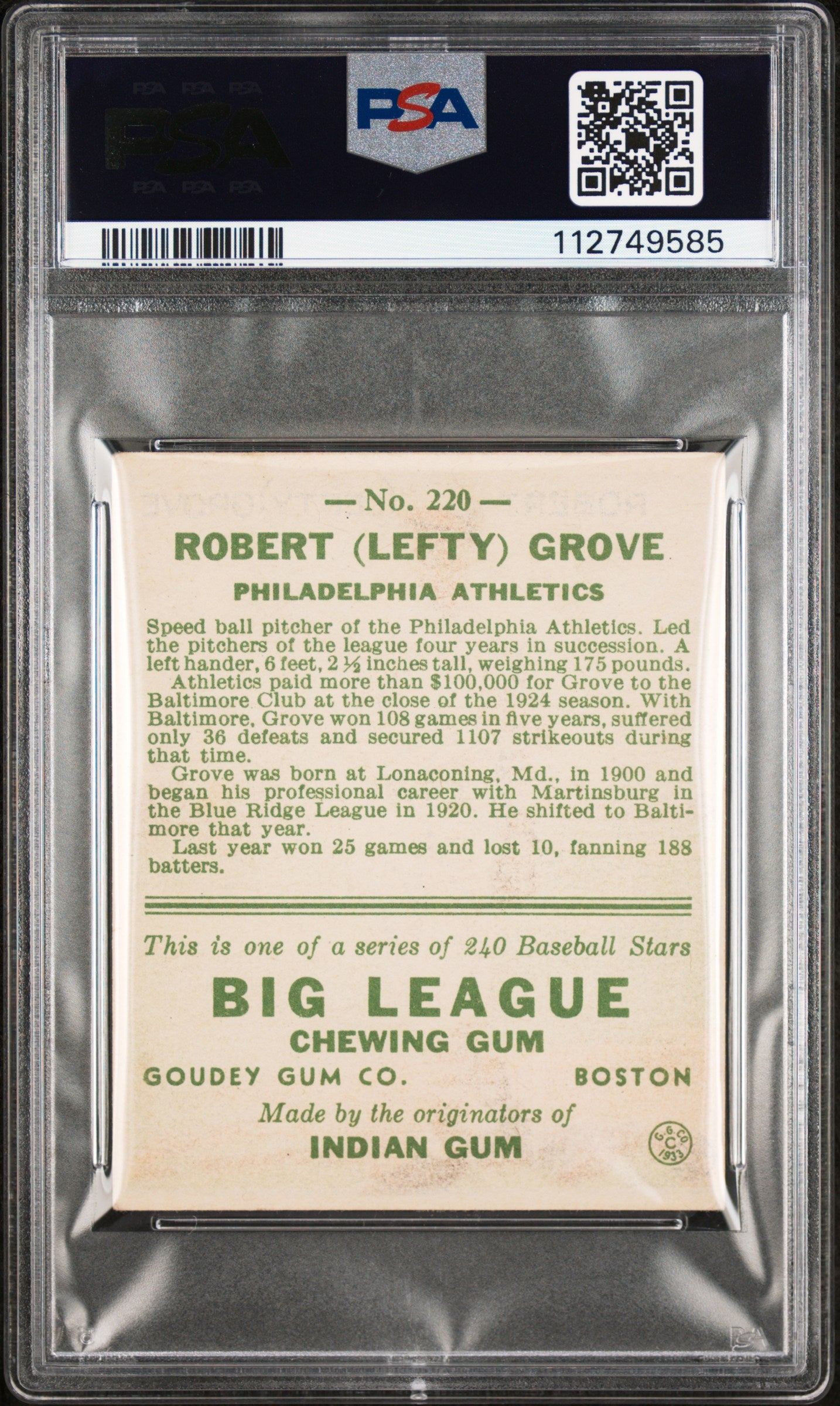 1933 Goudey Lefty Grove #220 PSA 4