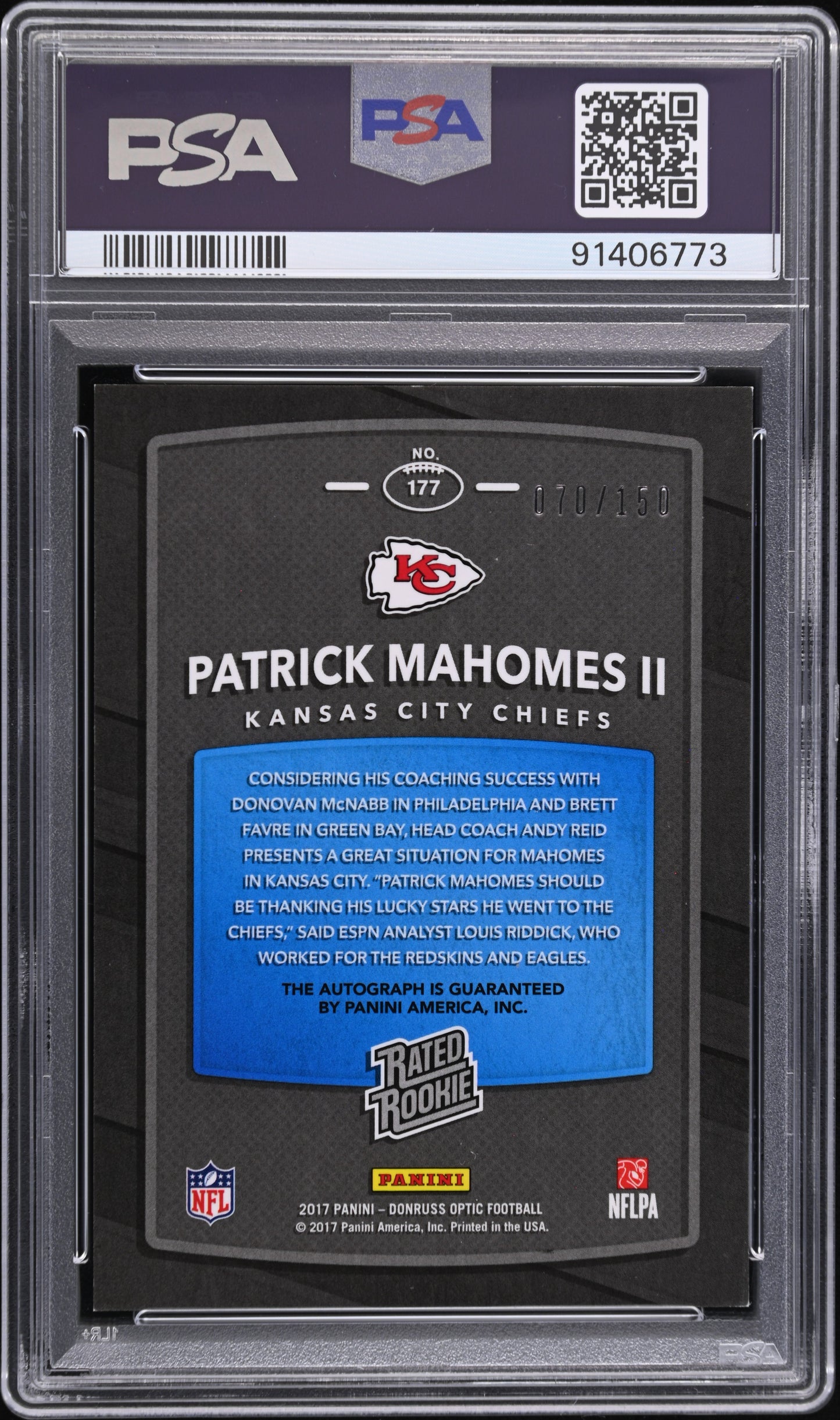 2017 Panini Donruss Optic Patrick Mahomes II #177 Autograph PSA 8