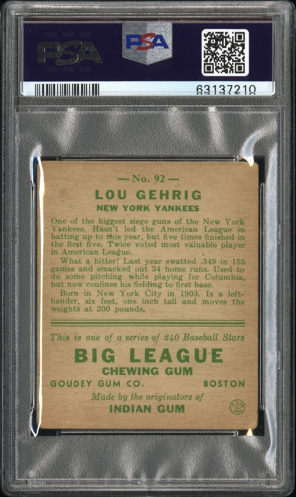 1933 Goudey Lou Gehrig #92 PSA 3