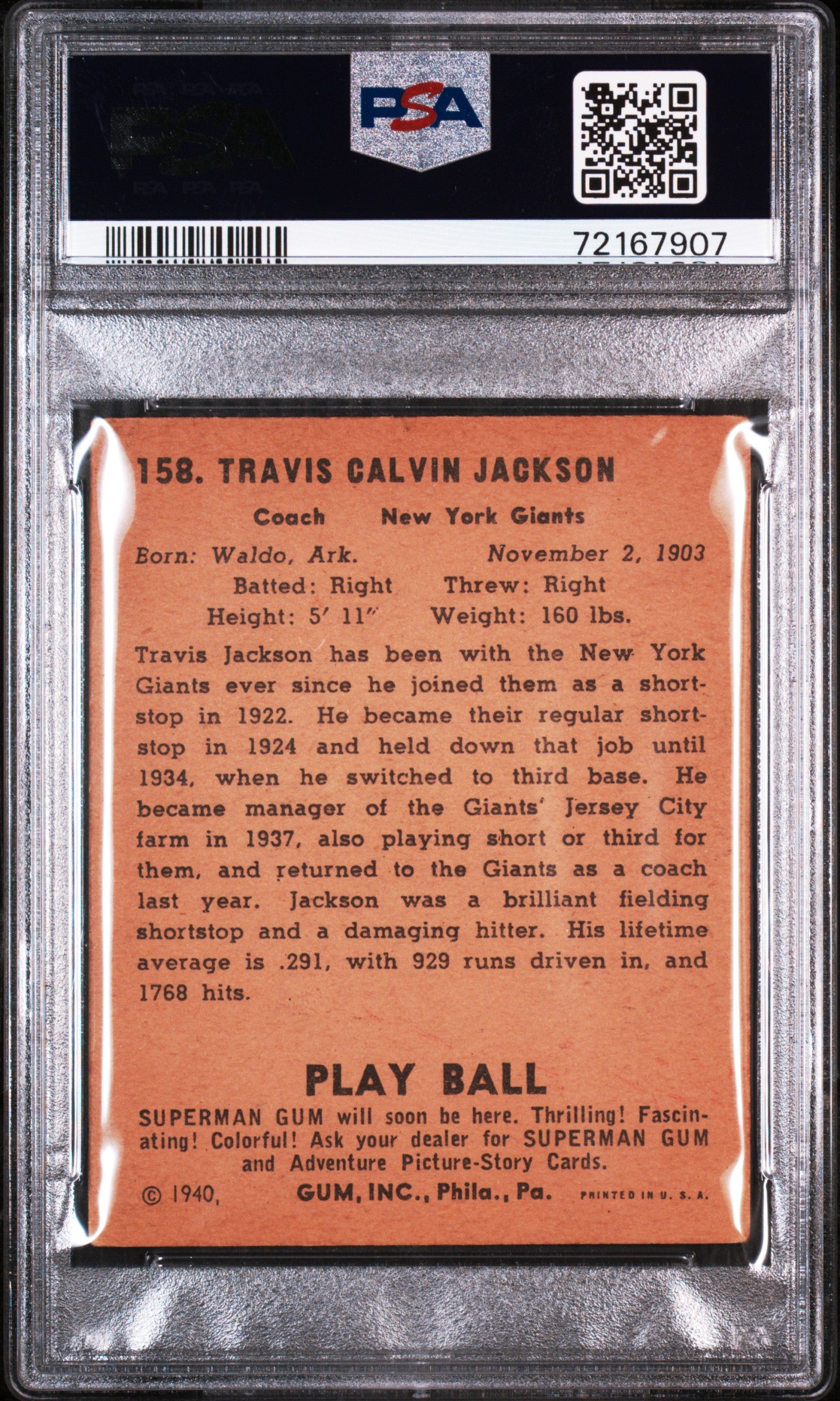 1940 Play Ball Stonewall Jackson #158 PSA 3.5