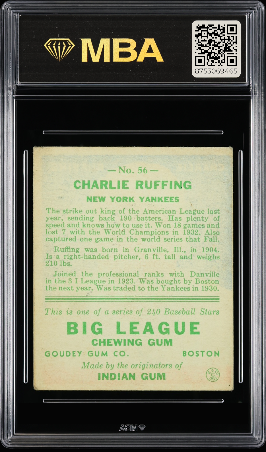 1933 Goudey Charlie Ruffing #56 MBA 3