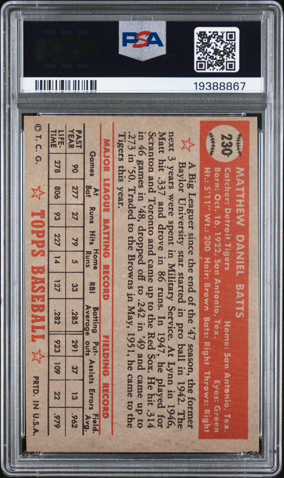 1952 Topps Matt Batts #230 PSA 7