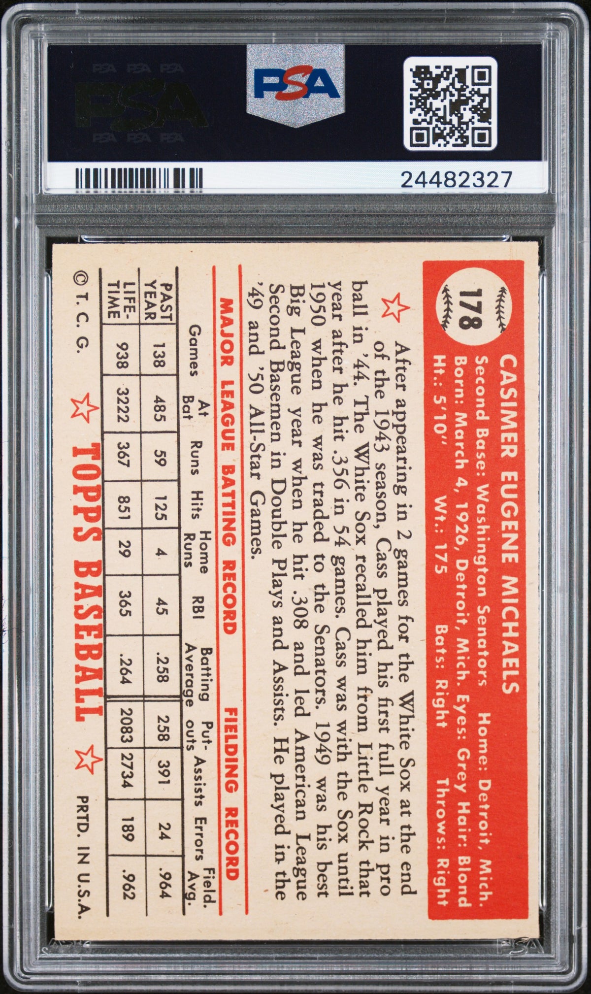 1952 Topps Cass Michaels #178 PSA 7