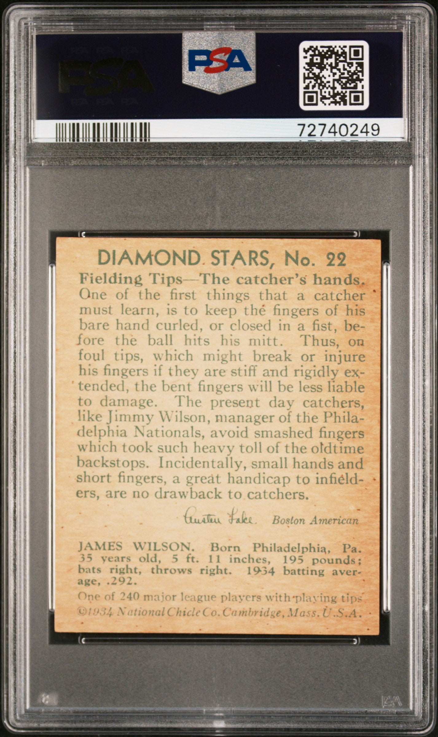 1935 Diamond Stars Jimmy Wilson #22 PSA 7