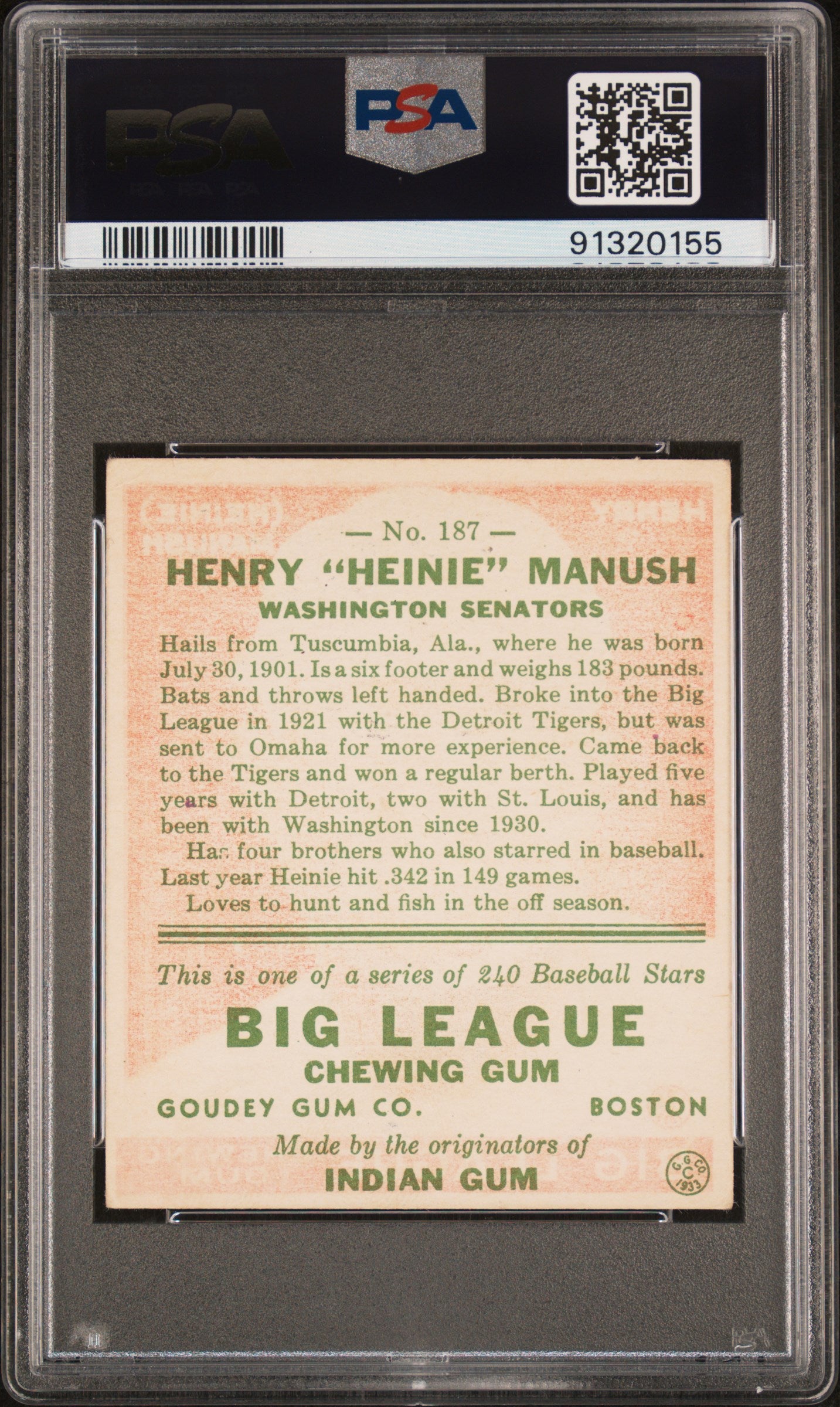 1933 Goudey Heinie Manush #187 PSA 5