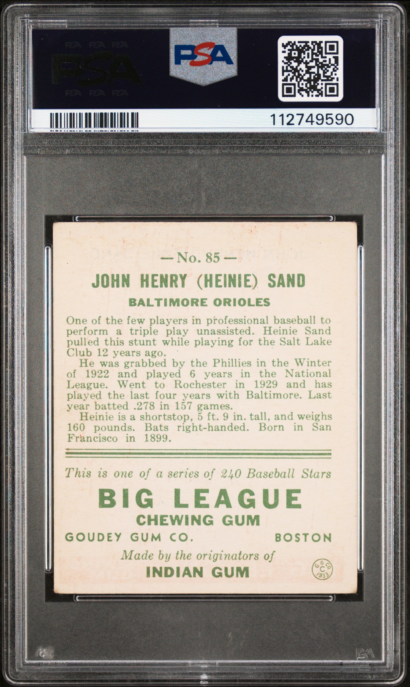 1933 Goudey Heinie Sand #85 PSA 3.5