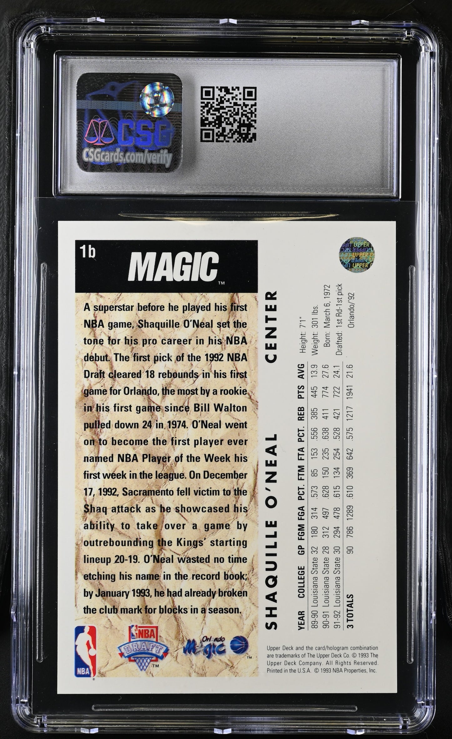 1992-93 Upper Deck Shaquille O'Neal #1b Trade Card CGC 9