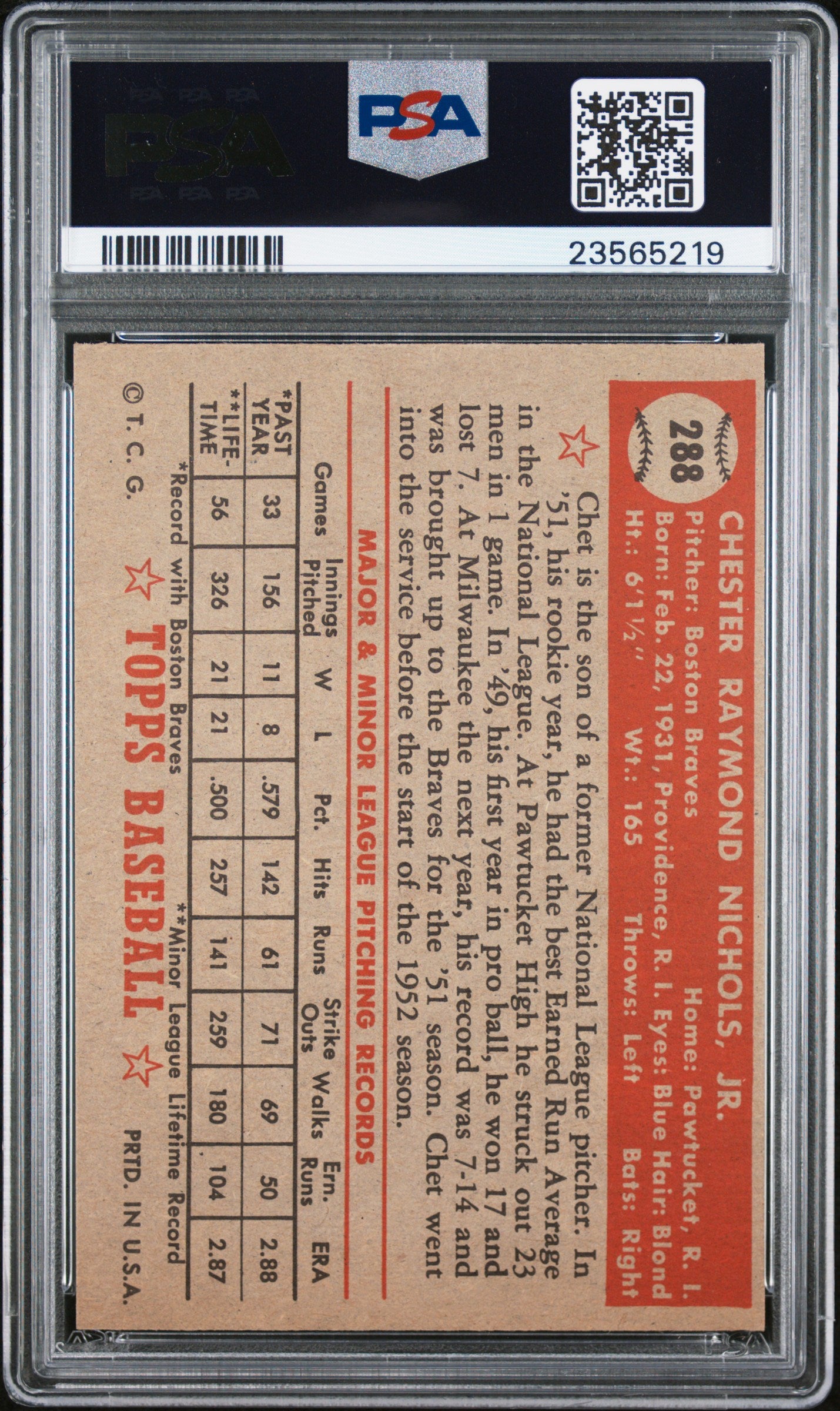 1952 Topps Chet Nichols #288 PSA 7
