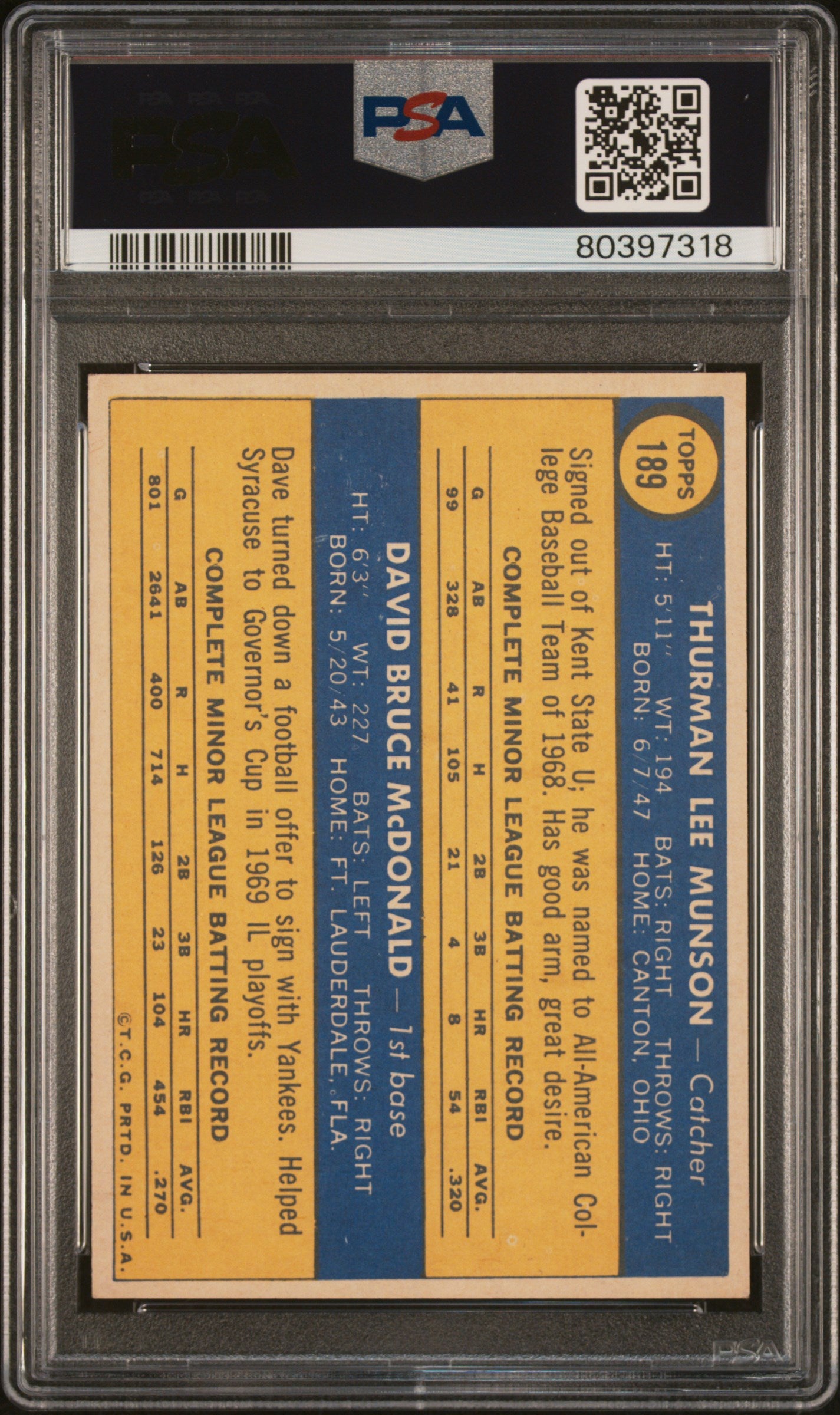 1970 Topps Yankees Rookies #189 T. Munson D. Mcdonald PSA 7