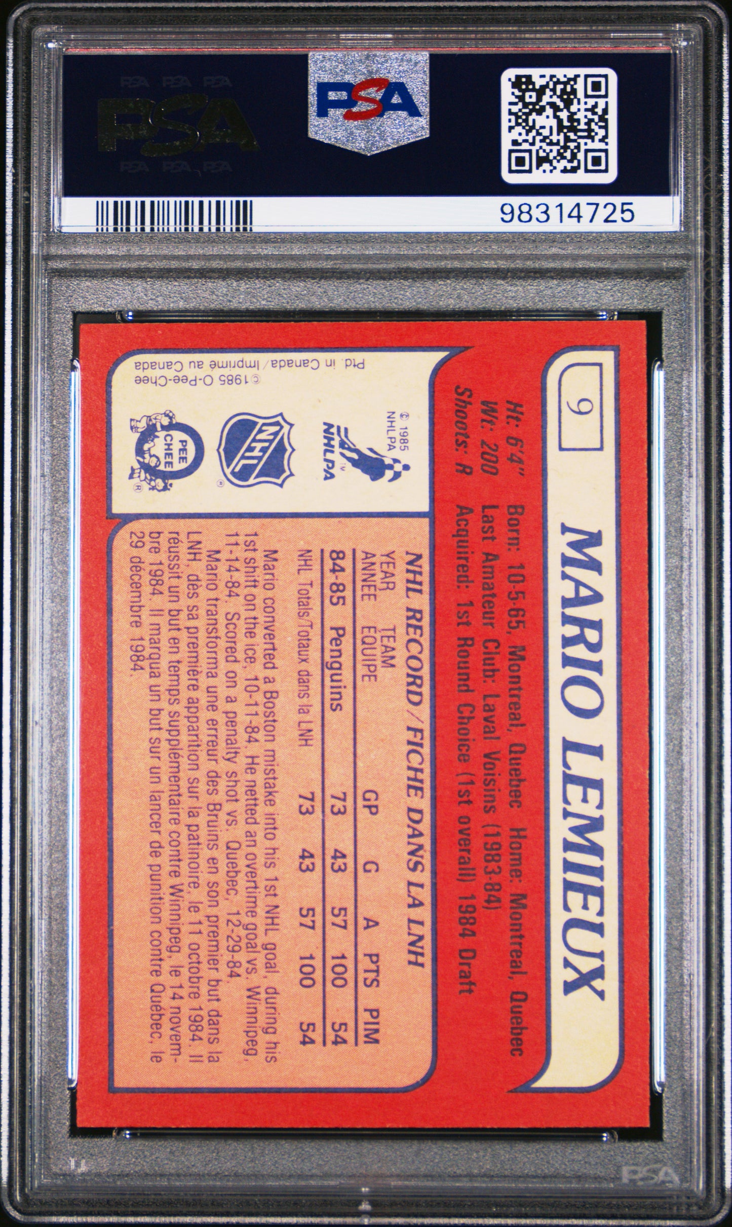 1985 O-Pee-Chee Mario Lemieux #9 PSA 9
