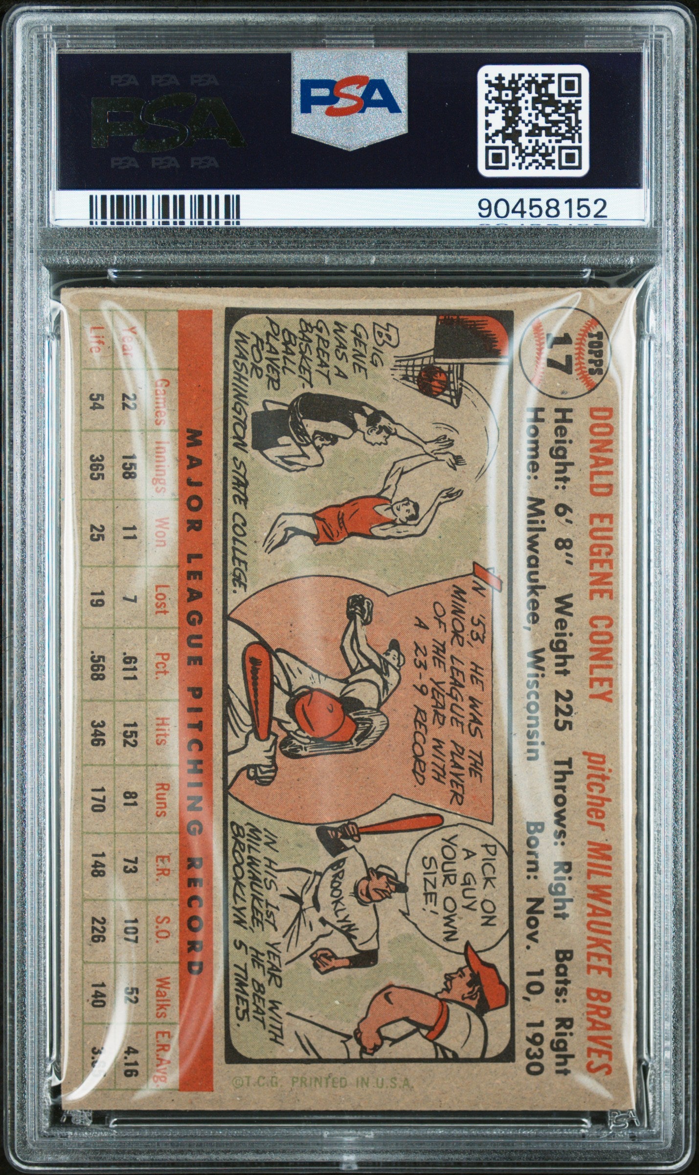 1956 Topps Gene Conley #17 Gray Back PSA 7