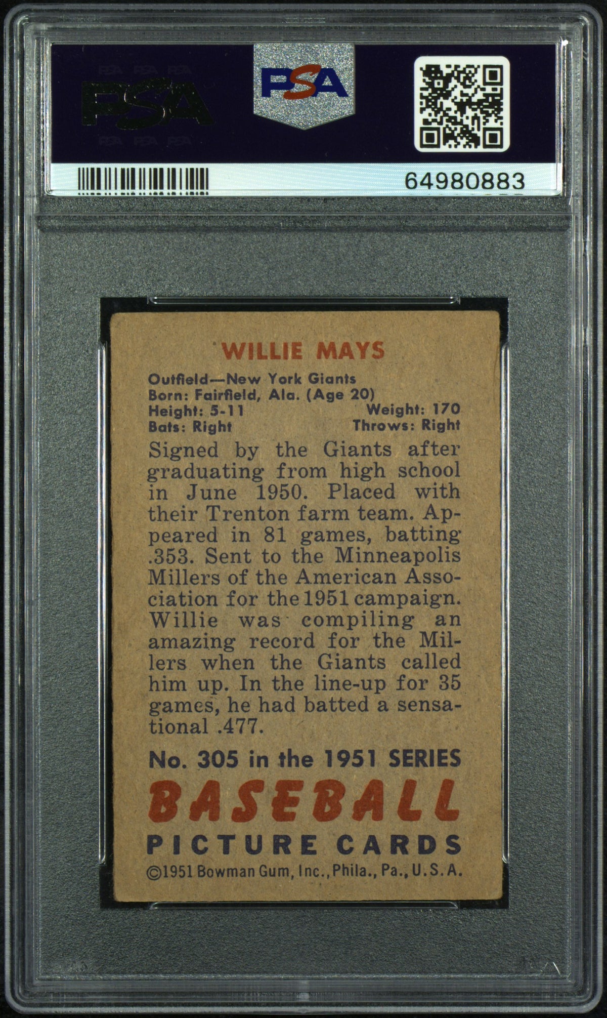 1951 Bowman Willie Mays #305 PSA 3