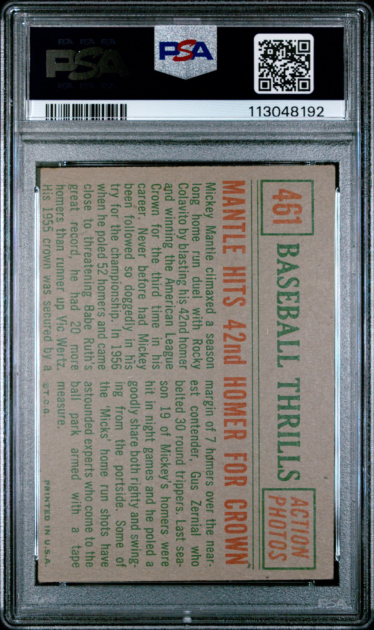 1959 Topps Mantle Hits 42nd #461 Homer For Crown PSA 3