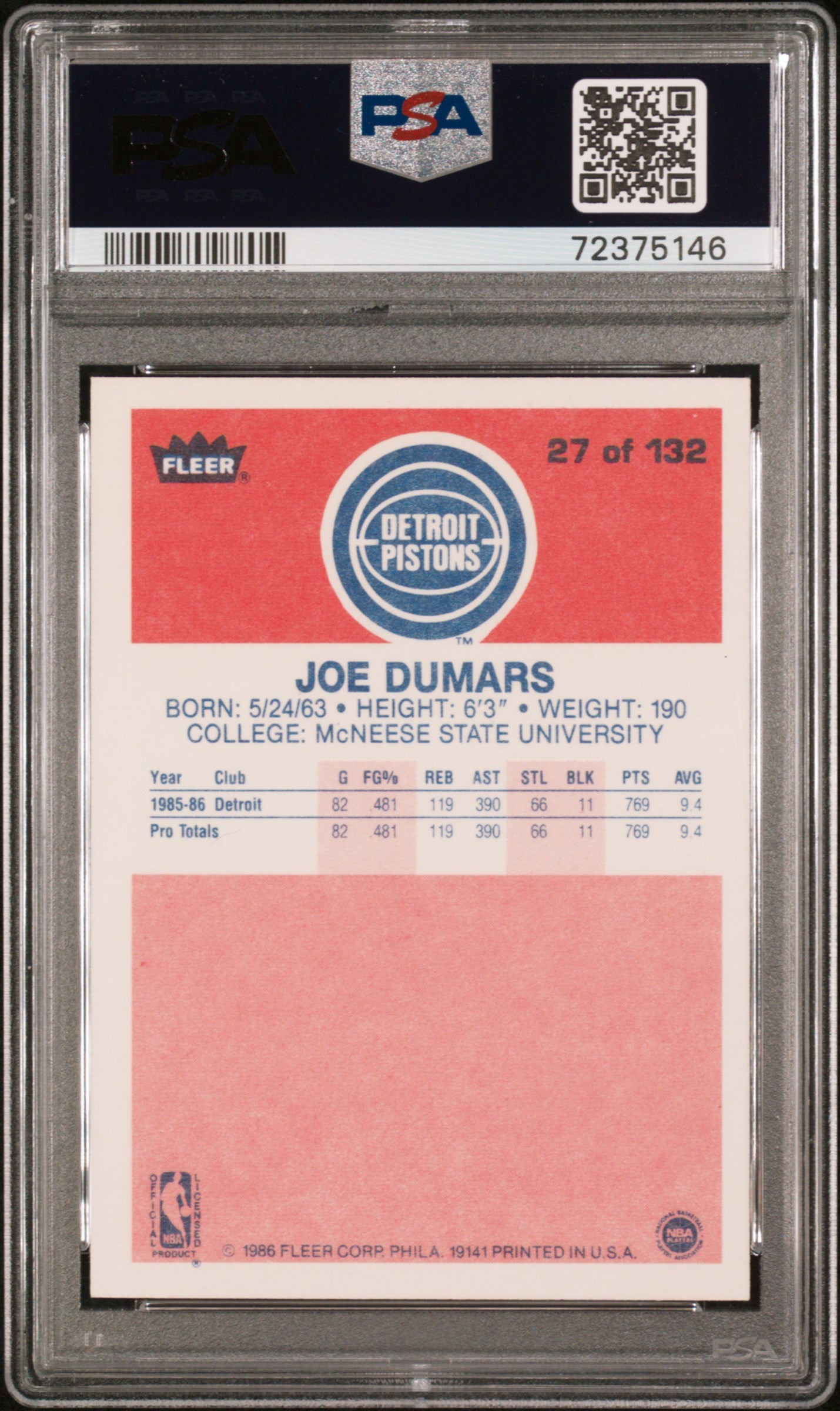 1986 Fleer Joe Dumars #27 PSA 7