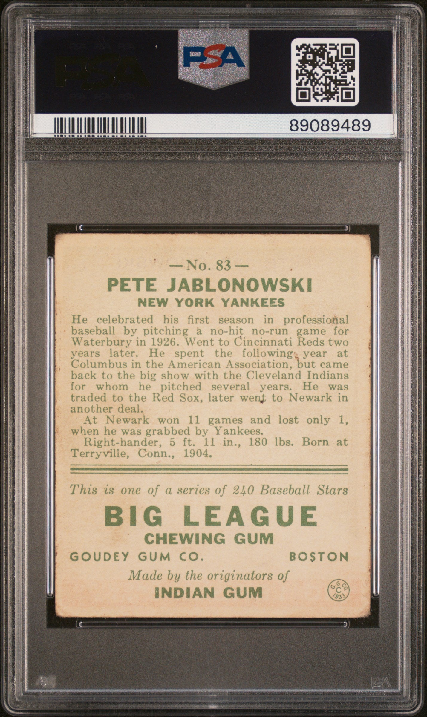 1933 Goudey Pete Jablonowski #83 PSA 3