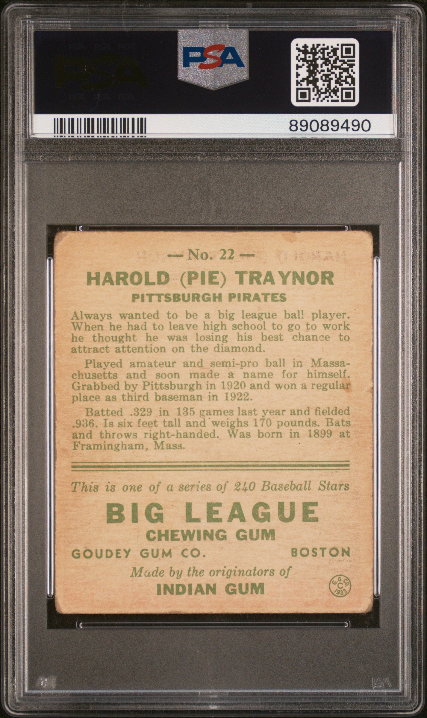 1933 Goudey Pie Traynor #22 PSA 2