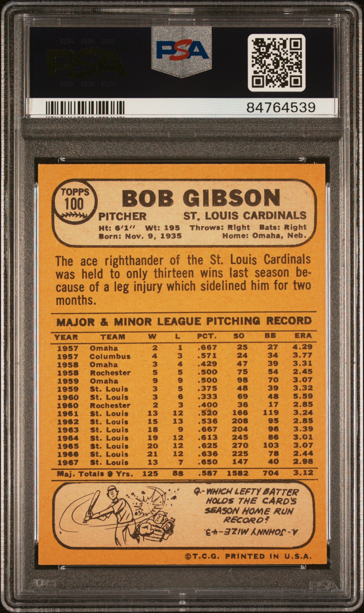 1968 Topps Bob Gibson #100 PSA 7