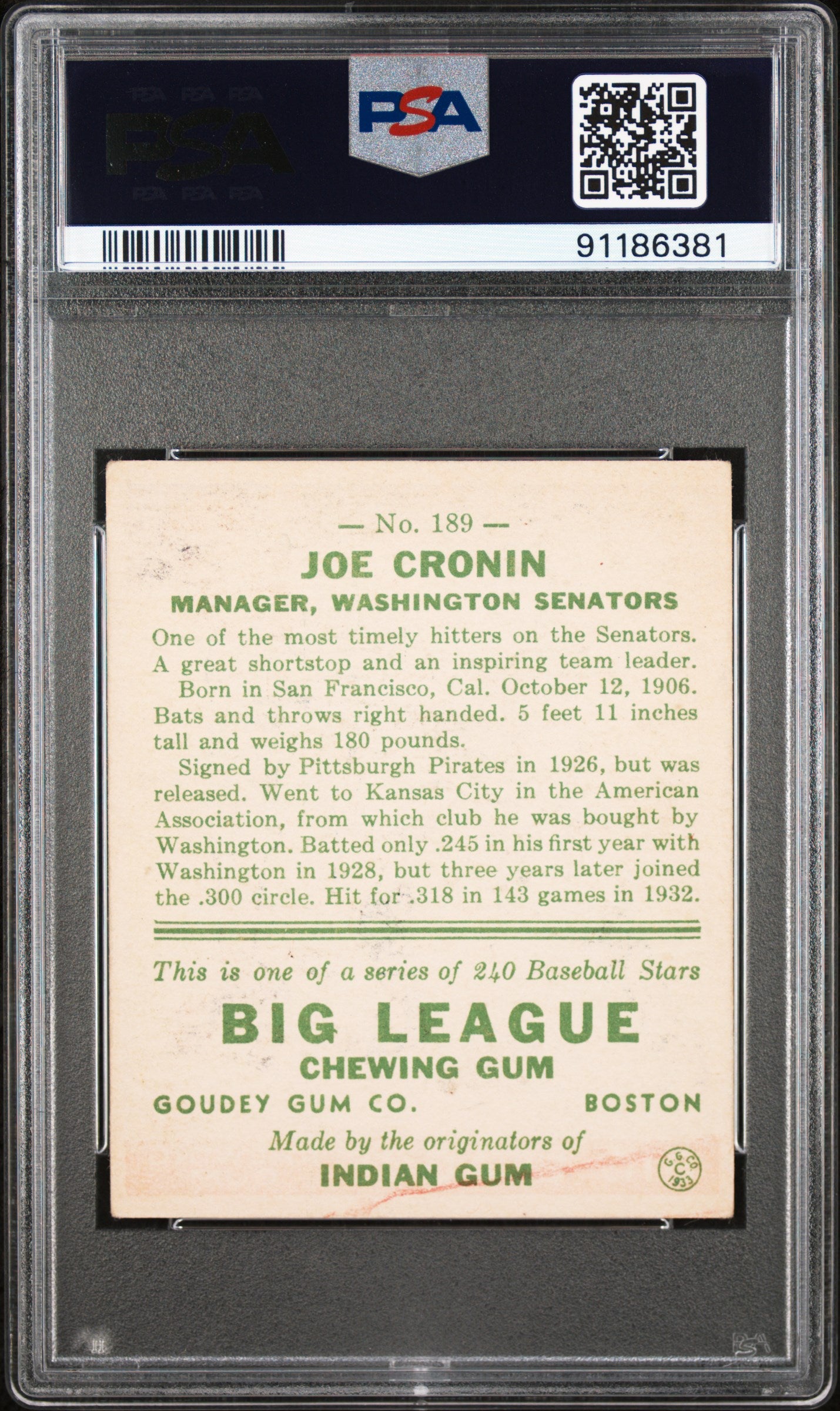 1933 Goudey Joe Cronin #189 PSA 3 MK