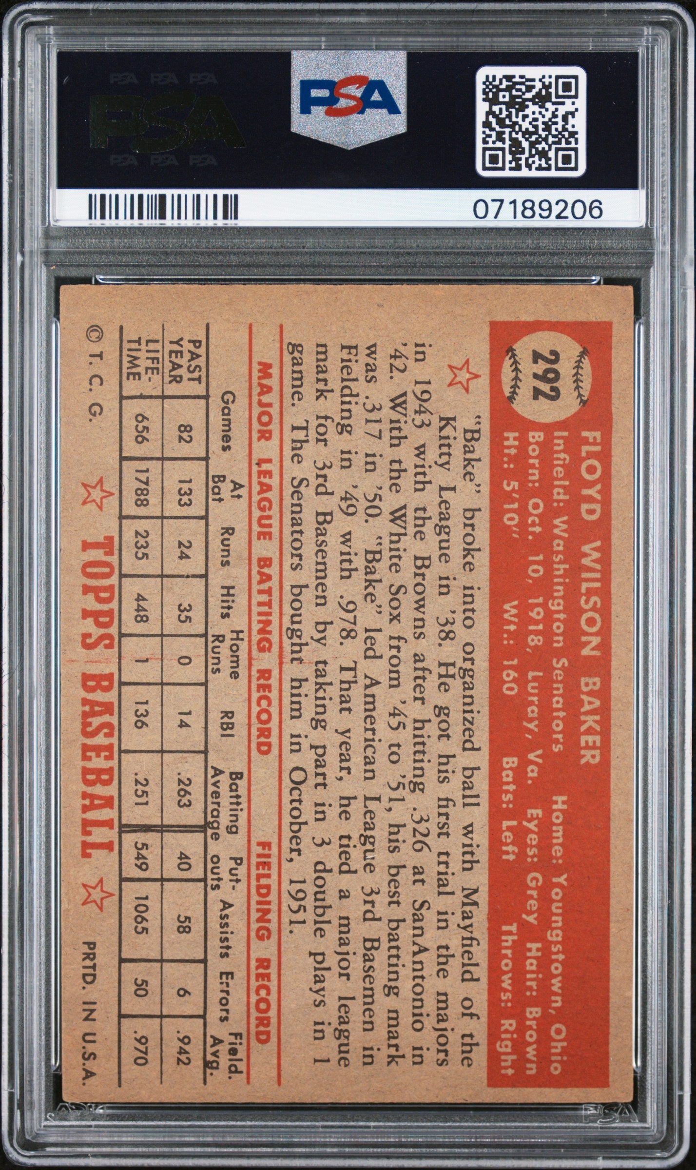 1952 Topps Floyd Baker #292 PSA 7