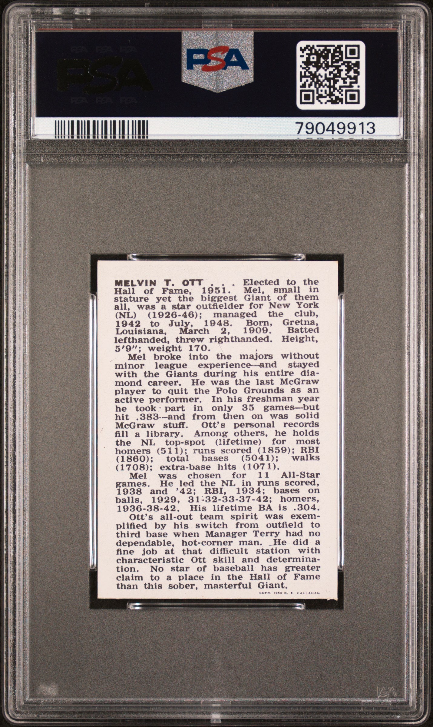 1950-56 Callahan Hall Of Fame Mel Ott PSA 7