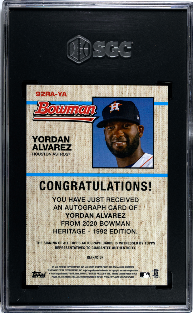 2020 Bowman Heritage Yordan Alvarez Chrome Rookie Auto Refractor SGC 9.5 Auto 10