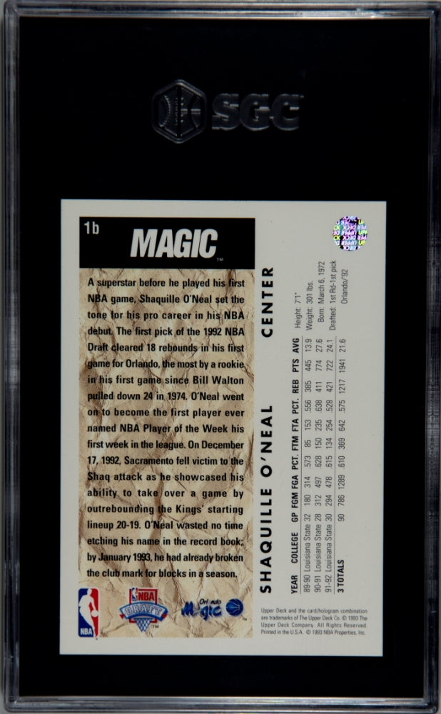 1992 Upper Deck Shaquille O'Neal #1B Trade Card SGC 8.5