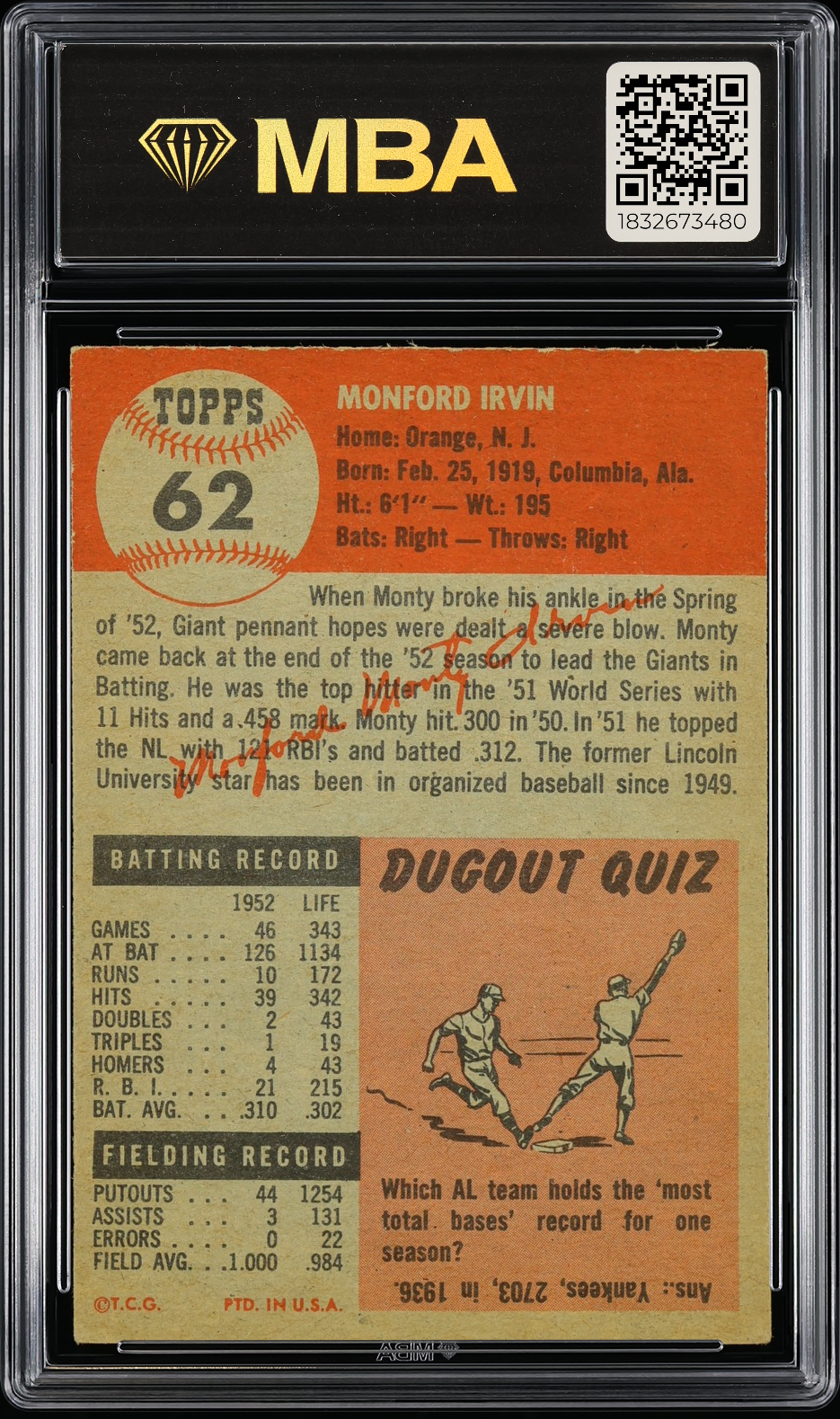 1953 Topps Monte Irvin #62 MBA 5