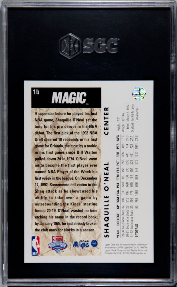 1992 Upper Deck Shaquille O'Neal #1B Trade Card SGC 9.5
