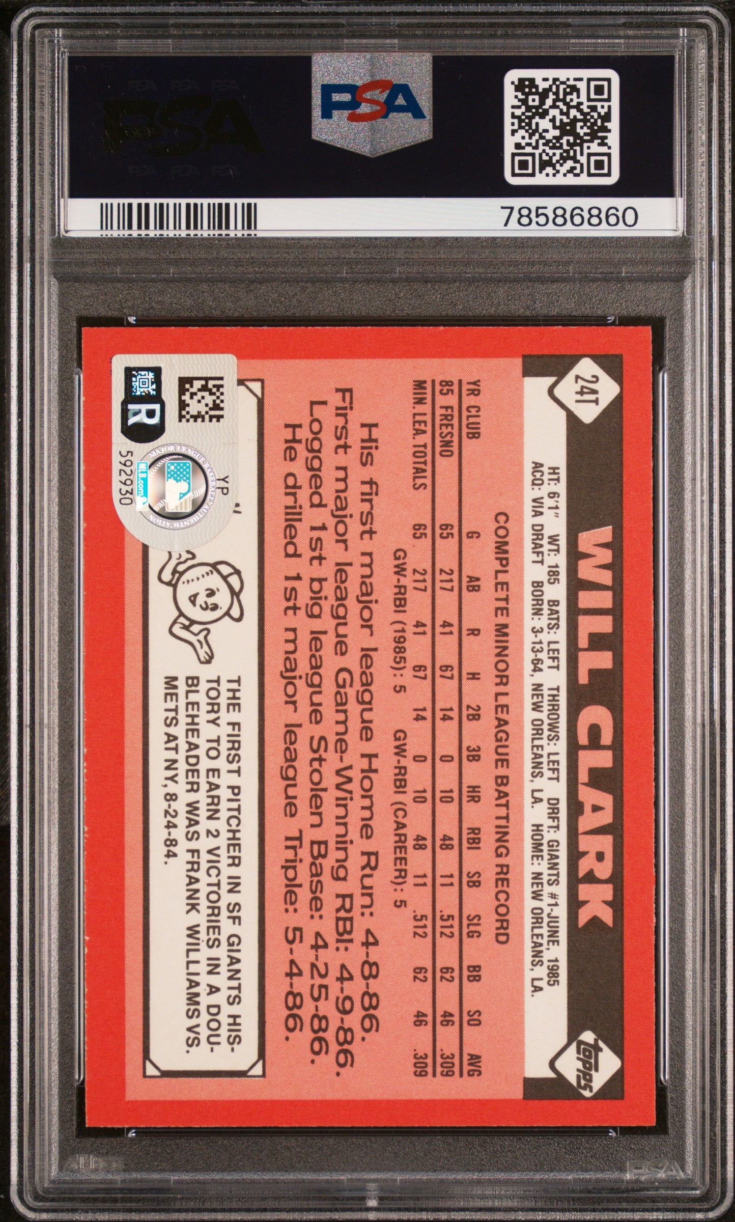 1986 Topps Traded Will Clark #24T PSA 9 Auto 10