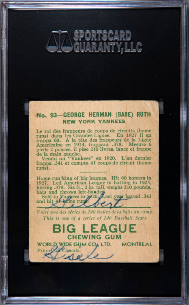 1933 World Wide Gum Co. Babe Ruth #93 SGC 1