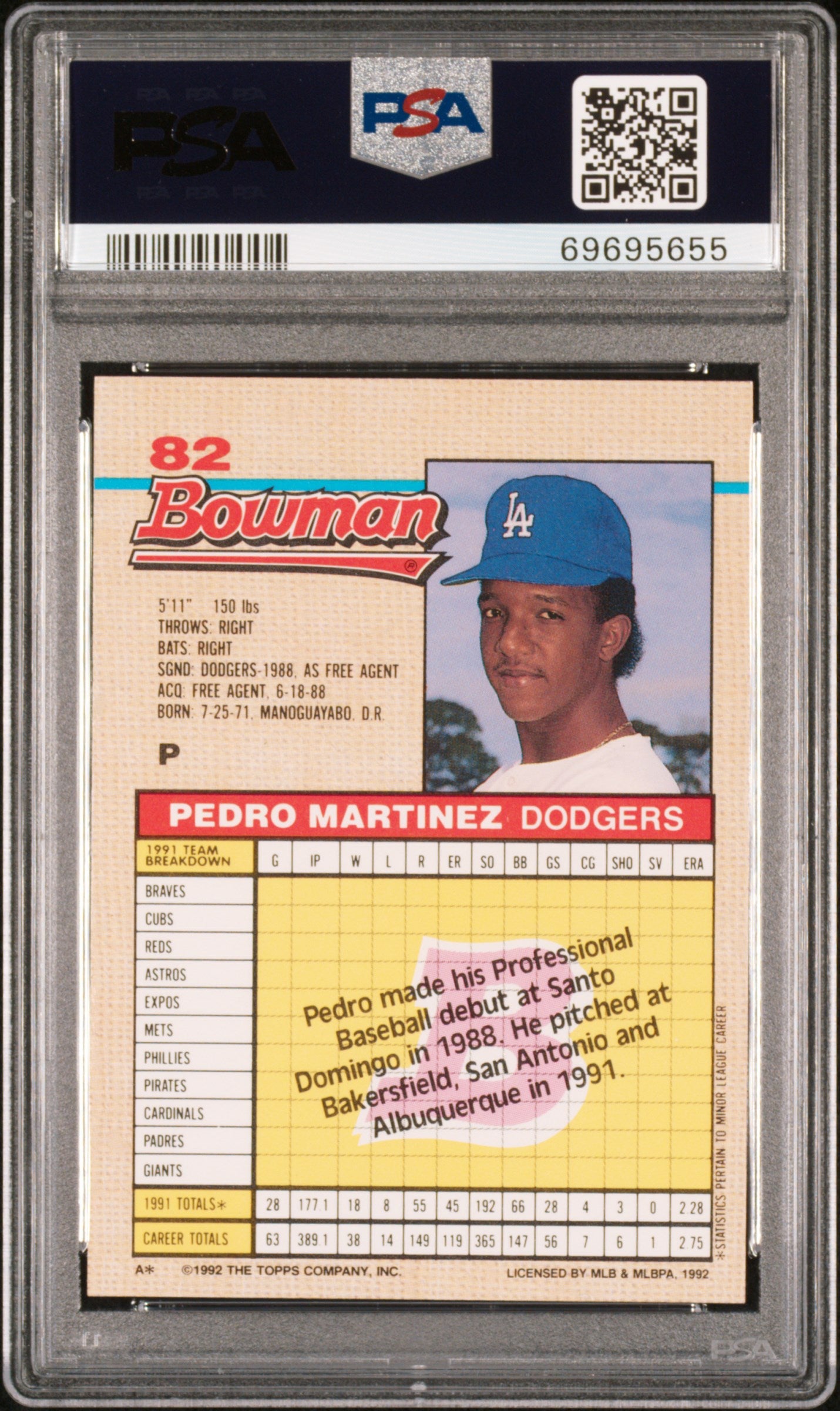 1992 Bowman Pedro Martinez #82 PSA 9 Auto 10